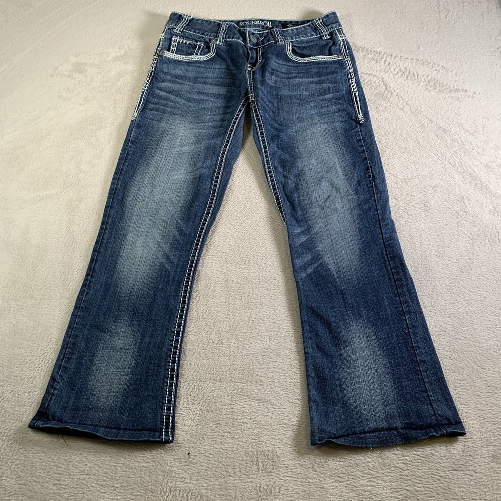 Rock & Roll Cowgirl Jeans‎ Womens 31x29 (Tag 29x32) Low Rise Bootcut Rhinestone